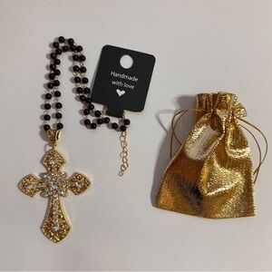 Vintage Gold Tone Gothic Statement Cross Charm Rosary Choker Necklace Brand New